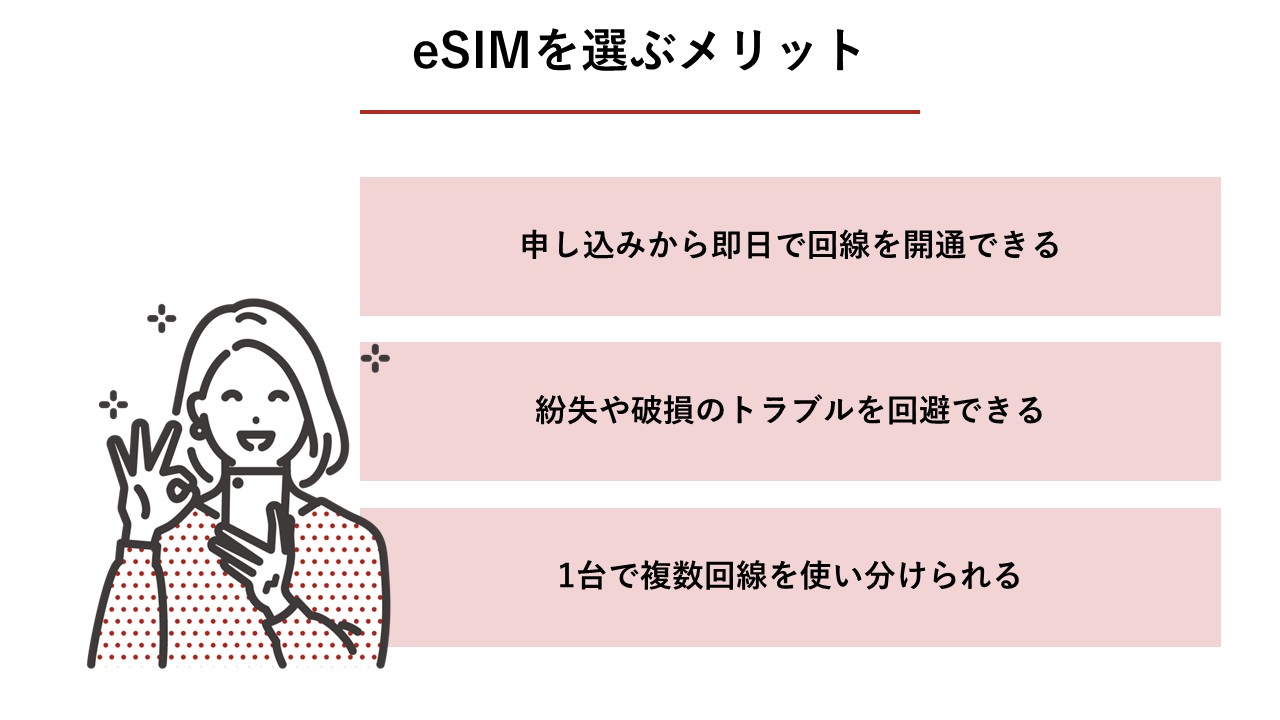 eSIMを選ぶメリット（即日開通、紛失破損なし、1台で複数回線使い分け）