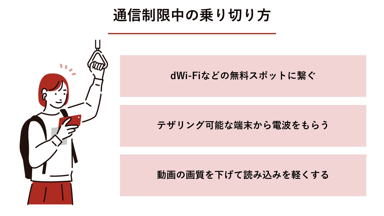 通信制限中の乗り切り方（無料スポット接続、テザリング、動画の画質調整）