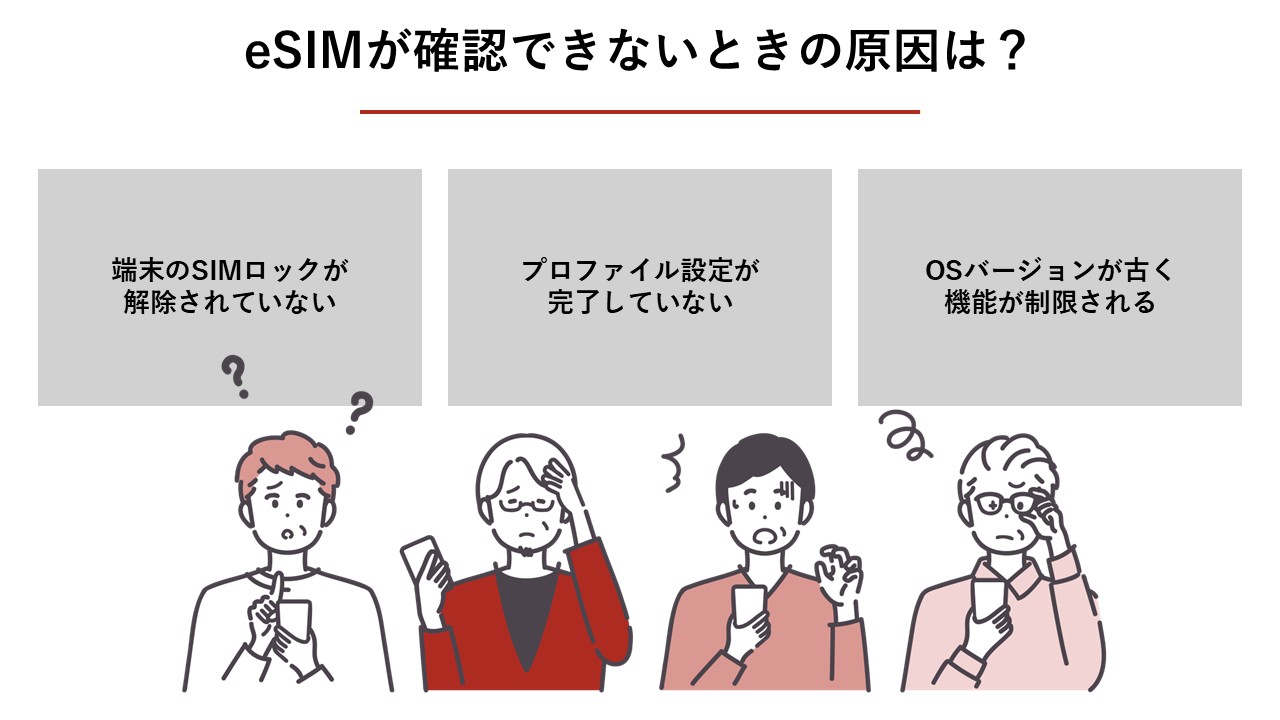 eSIMが確認できないときの原因（SIMロック未解除、プロファイル未設定、OSバージョンが古い）