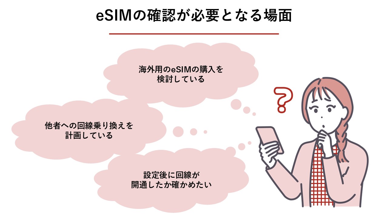 eSIMの確認が必要となる場面（海外eSIM検討、他社乗り換え、開通確認）