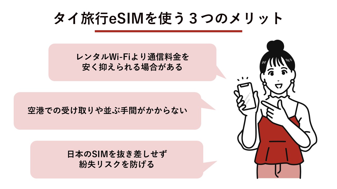 タイ旅行でeSIMを使う3つのメリット（通信料金、空港での受け取り不要、SIMの紛失防止）