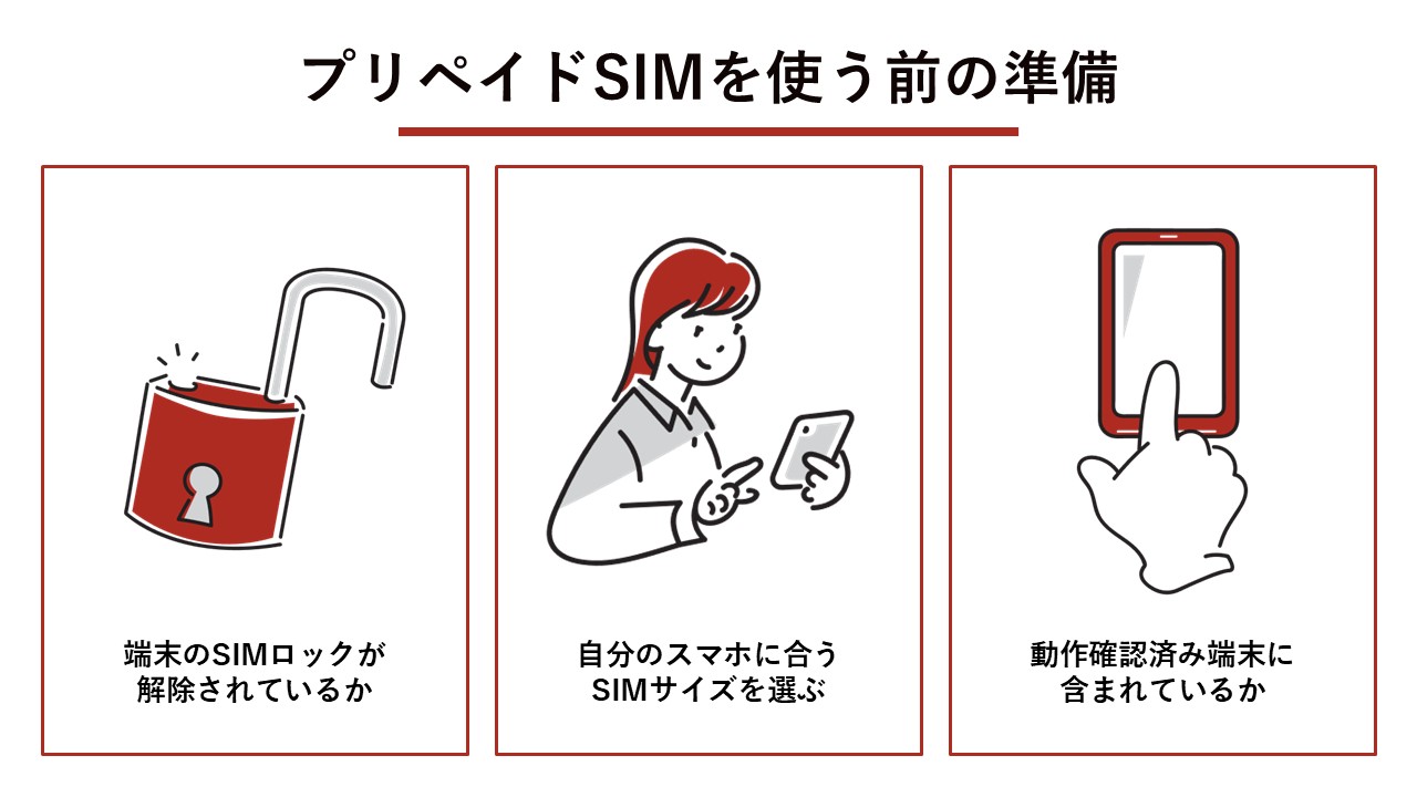 プリペイドSIMを使う前の準備（SIMロックの確認、SIMサイズの選択、動作確認済み端末の確認）